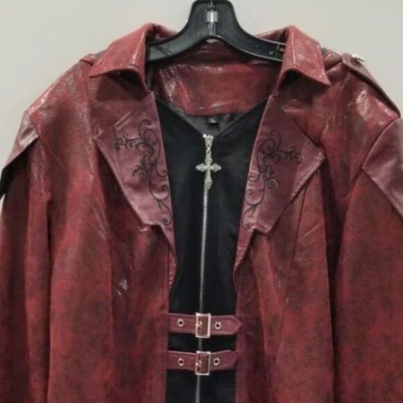 Crubelon Red Medieval Faux Leather Hooded Jacket Coat Men’s XL Goth - Picture 2 of 5